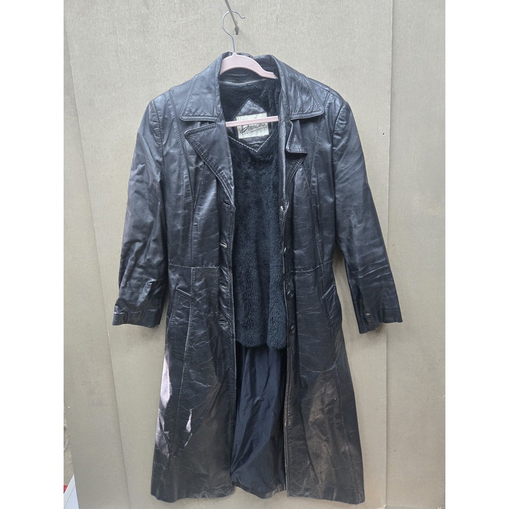 Vintage Bernini Black Leather Trench Coat Women's Medium Long Jacket Faux Fur...